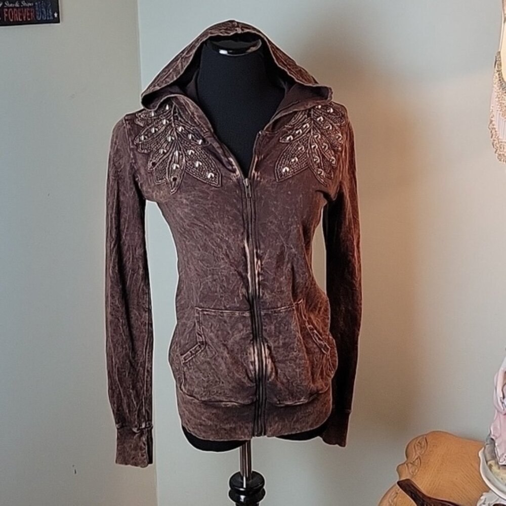 Vintage Y2K studded brown feather detail zip with hood
